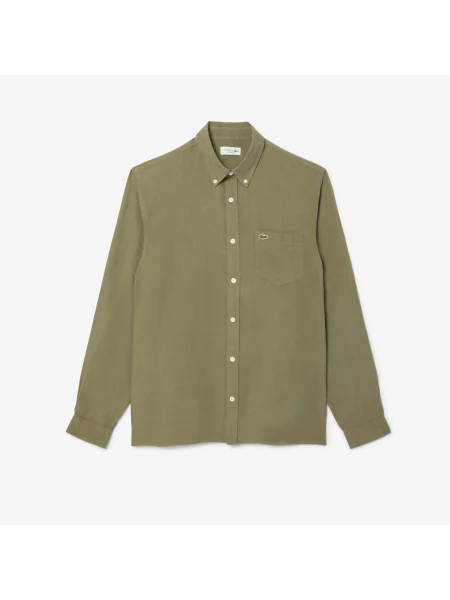 Lacoste Lniana Koszula Button-Down Regular Fit Khaki zielony