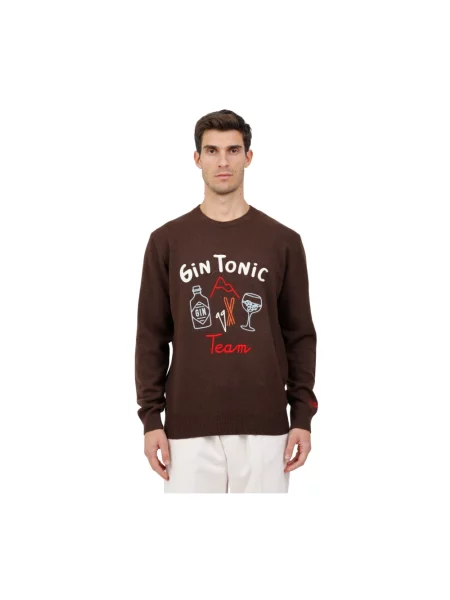 Sweter Mc2 Saint Barth wełniany z okrągłym dekoltem brązowy