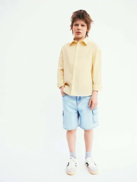 Koszula lniana o prostym kroju waniliowy Dzieci 6 MANGO KIDS