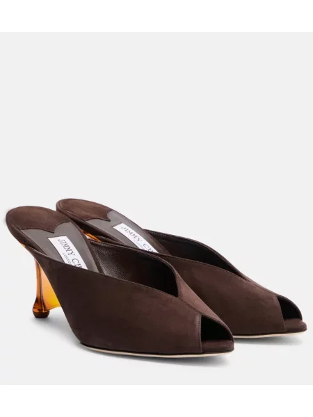 Papuci tip mules Jimmy Choo din piele de căprioară cu pană maro