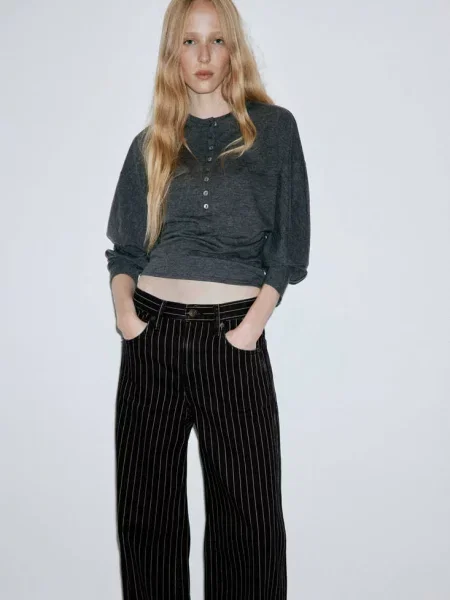 Jeansy balloon w paski black denim Kobieta 34 MANGO czarne