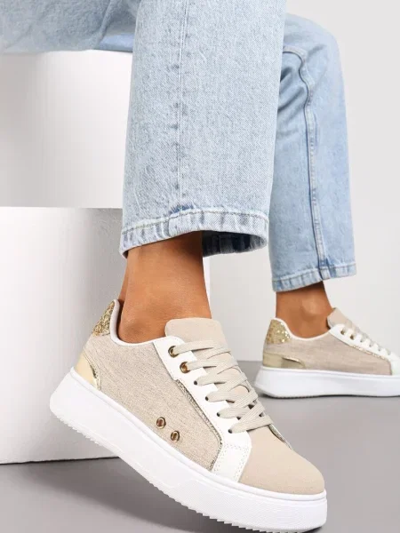 Sneakersy z Metalicznymi Wstawkami na Grubej Podeszwie Amoone beżowe