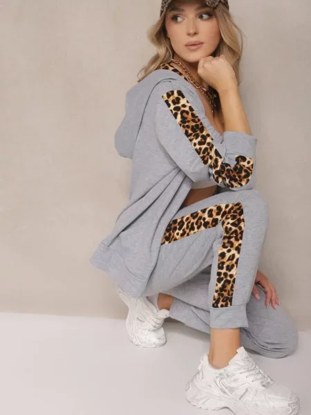 Komplet Dresowy z Bluzą i Spodniami Zdobionymi Panterką Tirhiris szary