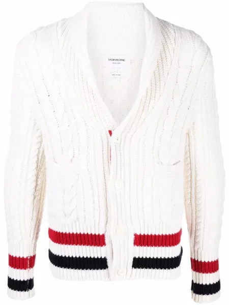 Cardigan Thom Browne cu dungi tricotate alb