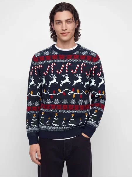 JACK & JONES Pulover JJXMAS SANTA albastru închis / roșu alb