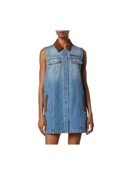 Sukienka jeansowa Versace w kształcie litery A niebieska