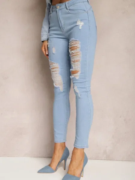 Blugi Skinny Talie Înaltă cu Zgârieturi și Găuri Aventoa albastru