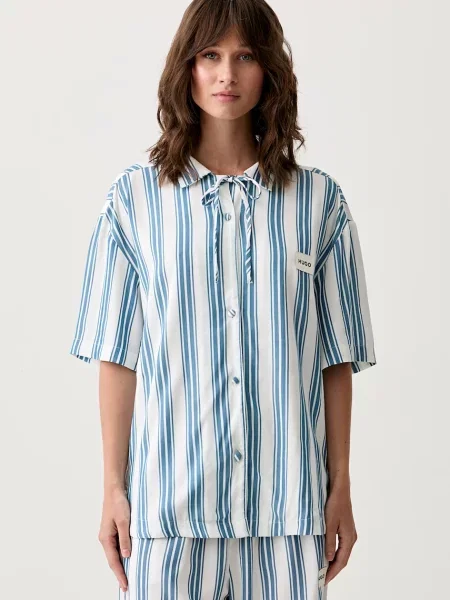HUGO pyžamová košile z viskózy RESORT SL-SHIRT modrá