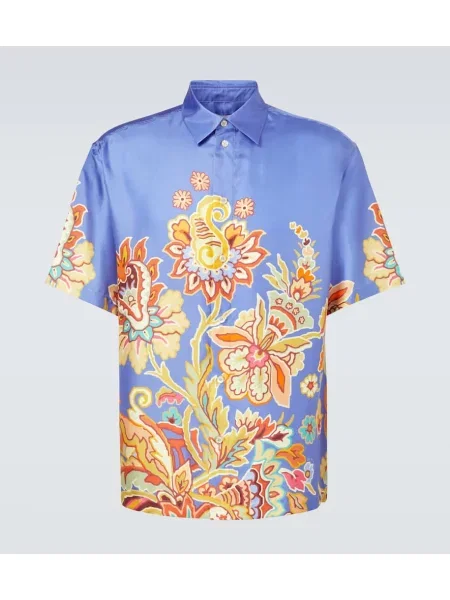 Cămașă Etro de mătase cu model floral albastru
