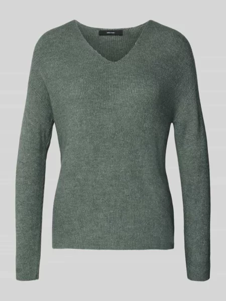 Sweter z dzianiny o kroju regular fit z dekoltem w serek model ‘CREWLEFILE’ Vero Moda zielony