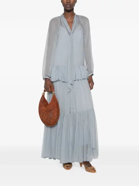 Rochie maxi Chloé de mătase cu volane albastru