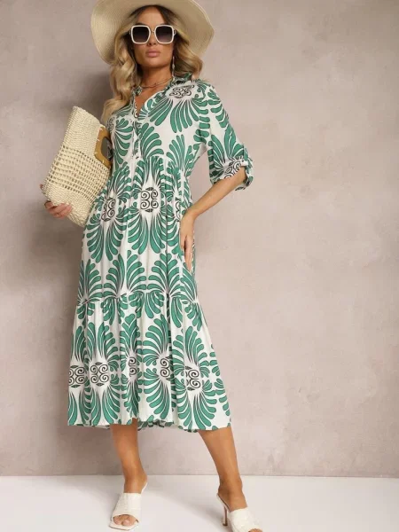 Zielono-Biała Sukienka Zapinana na z Regulowanymi Rękawami Biatalia biała