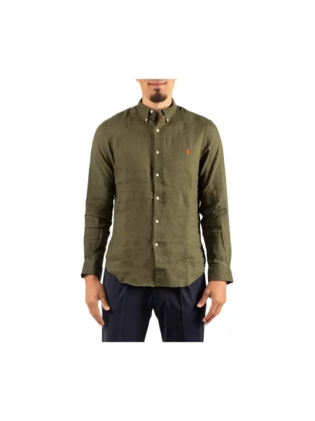 Koszula lniana o kroju slim fit z wyhaftowanym logo Ralph Lauren zielona