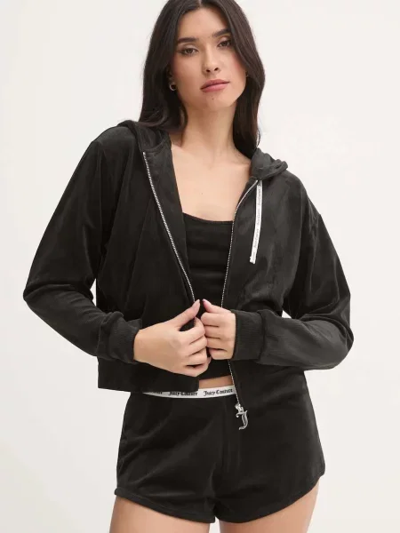 Горнище на пижама тип суичър Juicy Couture LIV RIB VELOUR HOODIE черно