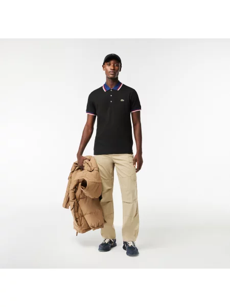 Lacoste Koszulka Polo Regular Fit Stretch Z Piki Bawełnianej Z Kontrastowym Kołnierzykiem czarna