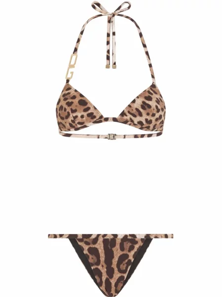 Bikini Dolce & Gabbana cu imagine cu model leopard cu gât halter maro