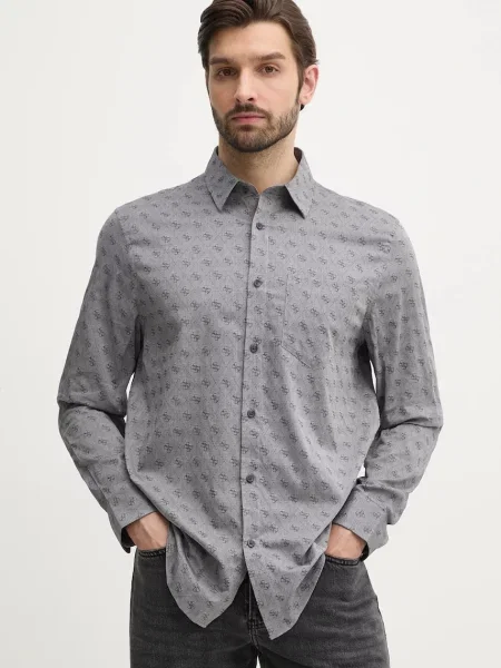 Риза Guess JACQUARD мъжка сиво със стандартна кройка с класическа яка бяло