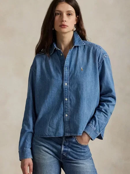 Дънкова риза Polo Ralph Lauren дамска със свободна кройка с класическа яка синьо