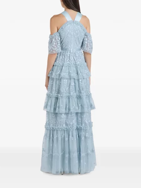 Rochie maxi Needle & Thread cu model floral cu volane albastru