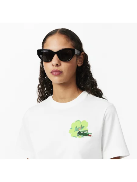 Lacoste Koszulka Z Dżerseju Z Kwiatowym Nadrukiem biała