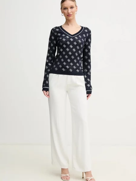 Lekki sweter Guess z dekoltem w serek z dżerseju niebieski