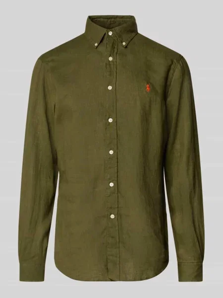 Koszula lniana o kroju slim fit z wyhaftowanym logo Ralph Lauren zielona