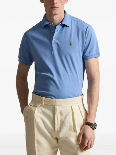 Поло тениска Polo Ralph Lauren бродирана с V-образно деколте от рипсено кадифе синьо