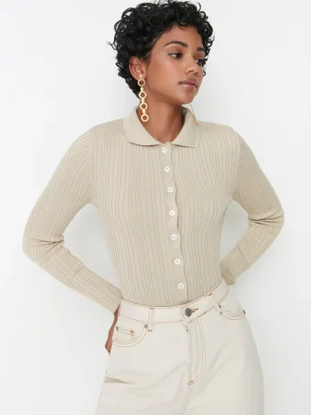 Trendyol Stone Ribbed Polo Collar Knitted Cardigan šedý