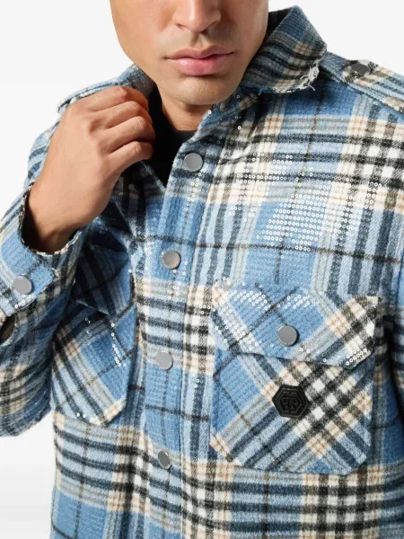 Карирана риза Philipp Plein с пайети синьо