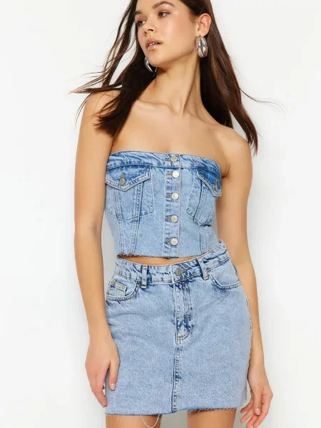 С яка сутиен bandeau Trendyol без презрамки синьо