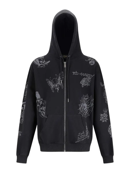Ed Hardy Hanorac Tattoo Club gri / negru alb