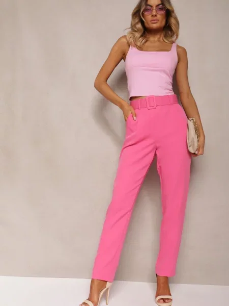 Spodnie Garniturowe High Waist z Paskiem Wenus różowe