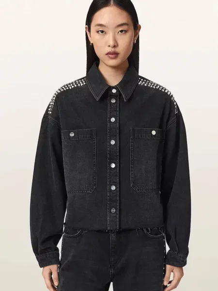 AllSaints jachetă scurtă pentru femei din denim NICKY negru