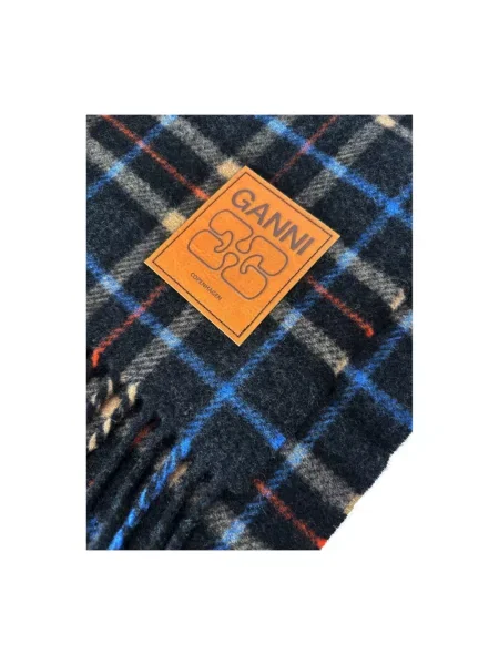 GANNI szalik wełniany Double Face Wool Check szary wzorzysty czarna