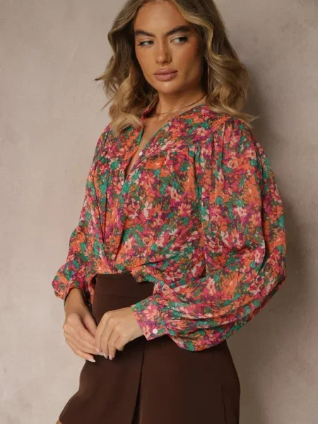 Cămașă Roz-Verde Imprimeu Floral Țesătură Transparentă Omertala verde