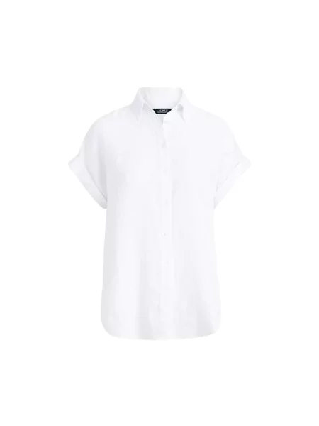 Lniana koszula z krótkim rękawem Lauren Ralph Lauren z logo z krótkim rękawem biała