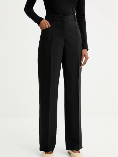 BOSS pantaloni de lână lat medium waist negru