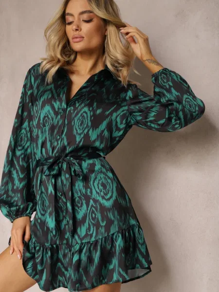 Sukienka Koszulowa z Wiązanym i Falbankami Khristina zielona