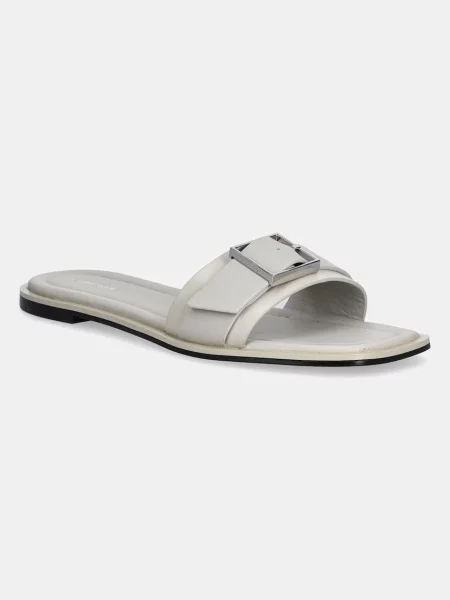 Calvin Klein Usnjeni natikači FLAT SLIDE W/BUCKLE LTH bež