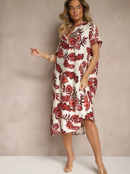 Sukienka z Lnem i Wiskozą w Etniczne Kwiaty o Pudełkowym Kroju Natireia bordowa