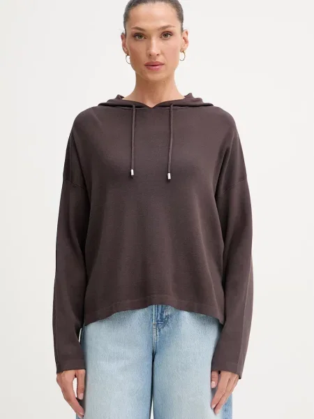 United Colors of Benetton bluza z kapturem z wiskozą brązowa