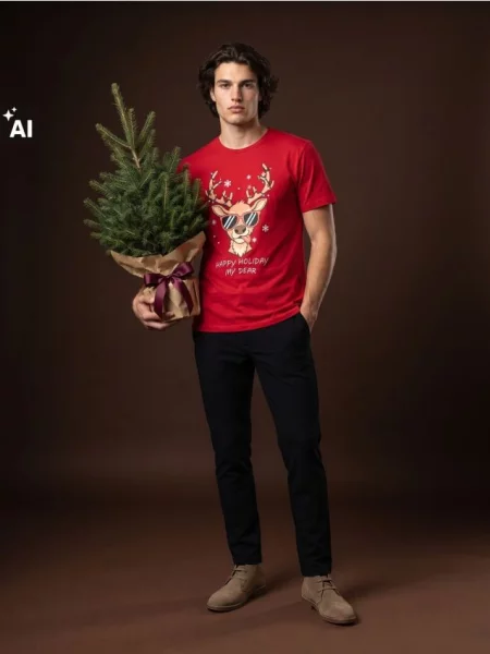 Sinsay vánoční tričko s potiskem soba červená