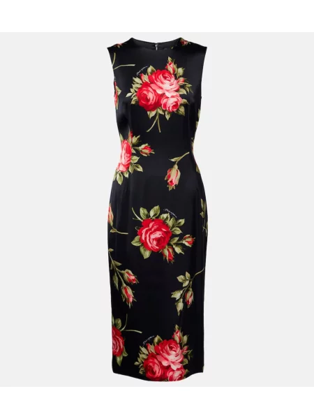 Rochie midi Dolce&gabbana din satin cu model floral până la genunchi negru
