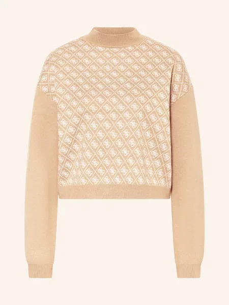 Sweter krótki z dzianiny z okrągłym dekoltem Guess beżowy