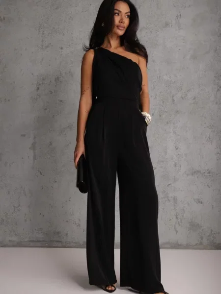 Koktajlowy Kombinezon Asymetryczny o Kroju na Jedno Ramię z Klamrą Hurinex czarny