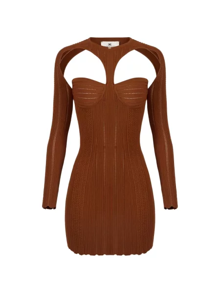 Dzianinowa sukienka mini Elisabetta Franchi ażurowa garniturowa brązowa