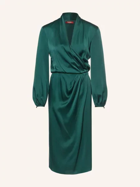 Max Mara Studio Zavinovací Šaty Miss Ze Saténu tmavě zelená