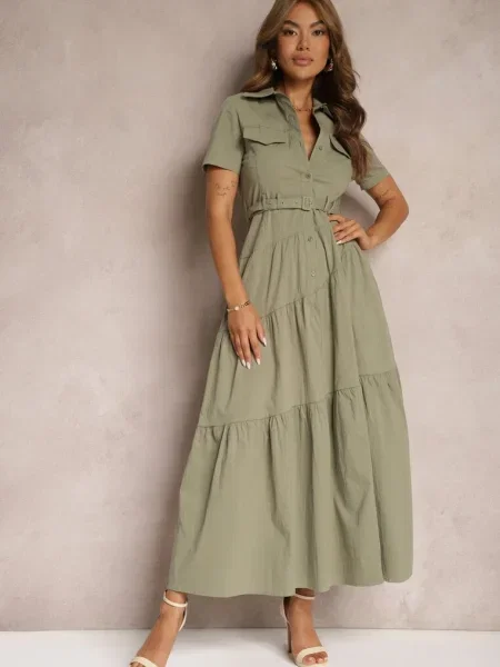 Sukienka o Rozkloszowana Zwężana w Talii Nenefia zielona