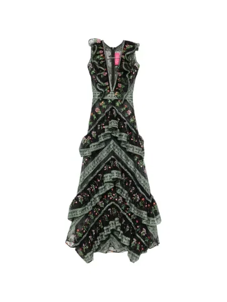 Sukienka maxi Miau By Clara Rotescu w kwiatki z falbankami garniturowa czarna