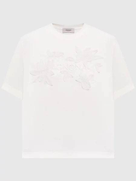 Футболка кольору айворі з вишивкою логотипа Agnona бежева